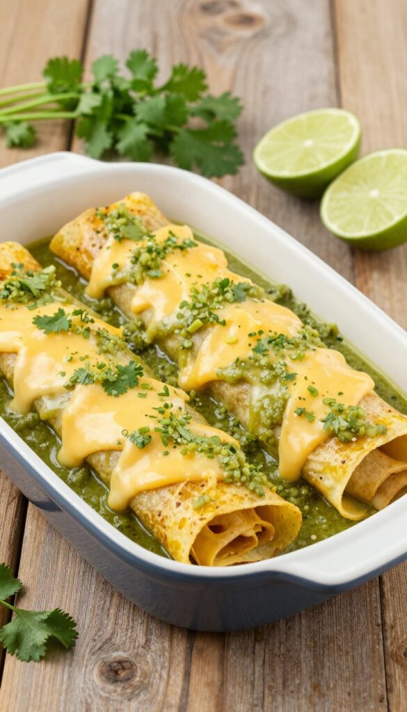 Baked enchiladas verde with melted cheese and cilantro garnish in a baking dish