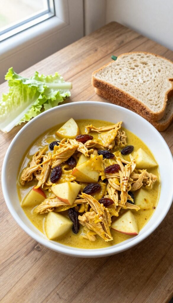 Curry chicken salad with apples and raisins in a white bowl on wooden table