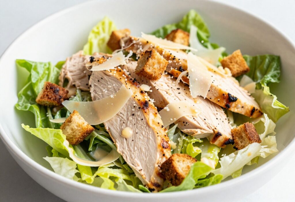 Chicken Caesar Salad in a white bowl with sliced chicken, croutons, and Parmesan shavings.