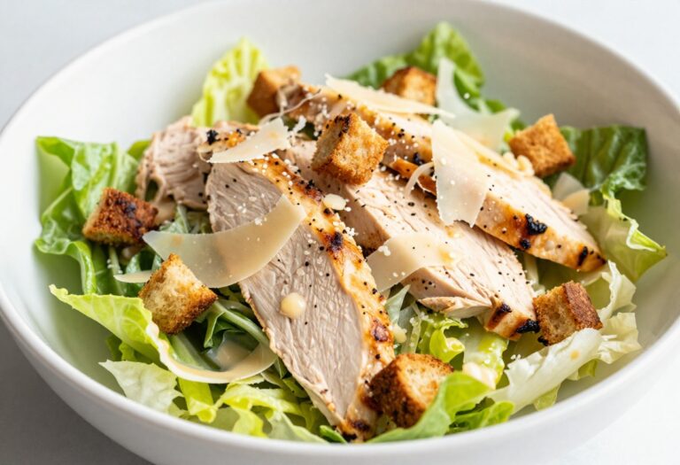 Chicken Caesar Salad in a white bowl with sliced chicken, croutons, and Parmesan shavings.