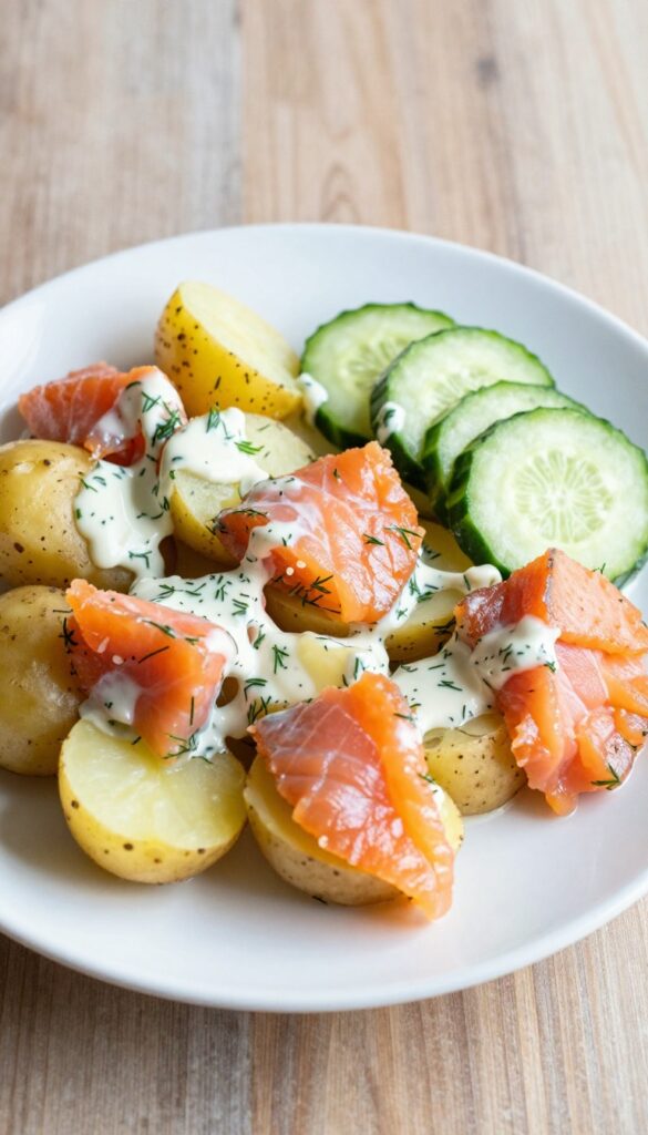 A photorealistic image of smoked salmon and cucumber potato salad with dill cream, featuring tender potatoes, crisp cucumber slices, and silky salmon on a white plate, bathed in bright natural light, perfect for a blog about light German potato salads.
