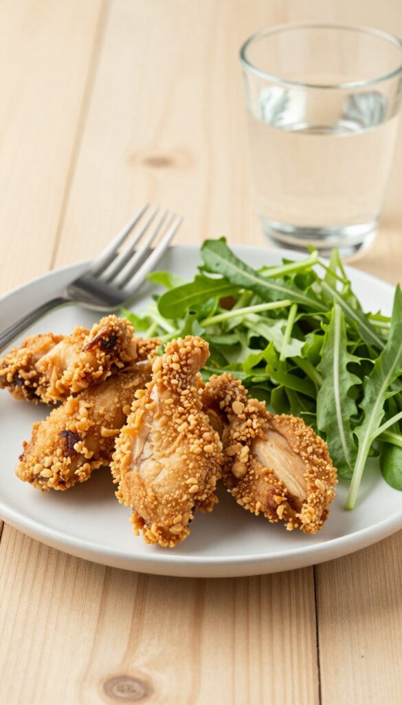 Crispy chicken salad served on a wooden table with fork and water glass.