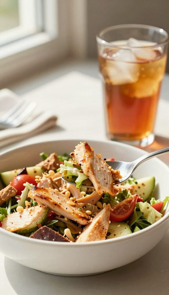 Close-up of chicken salad with grapes being scooped