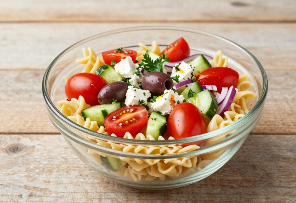 Classic Mediterranean pasta salad with rotini, cherry tomatoes, cucumber, red onion, olives, feta, and parsley in a glass bowl.