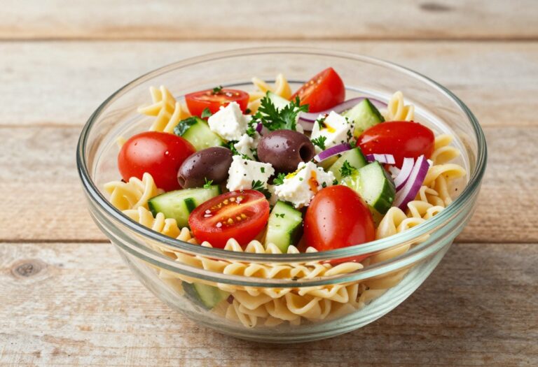 Classic Mediterranean pasta salad with rotini, cherry tomatoes, cucumber, red onion, olives, feta, and parsley in a glass bowl.