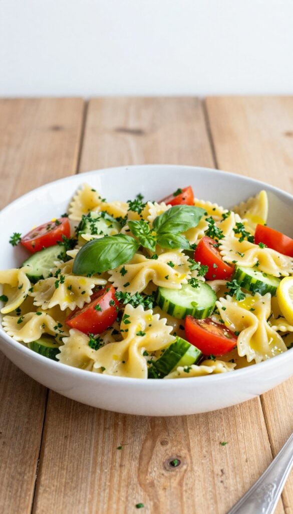 A close-up of a Lemon Herb Mediterranean Pasta Salad with farfalle pasta, fresh herbs, cherry tomatoes, and cucumber in a bright, natural setting.