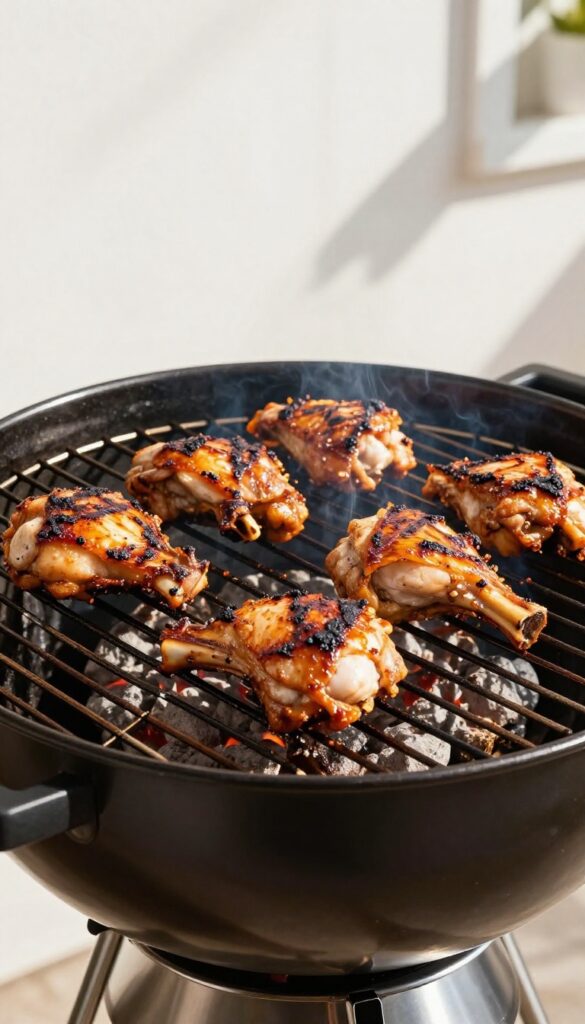 Grilled chicken thighs with smoky BBQ glaze, crispy skin, and charred edges, cooking on a barbecue grill in natural light.
