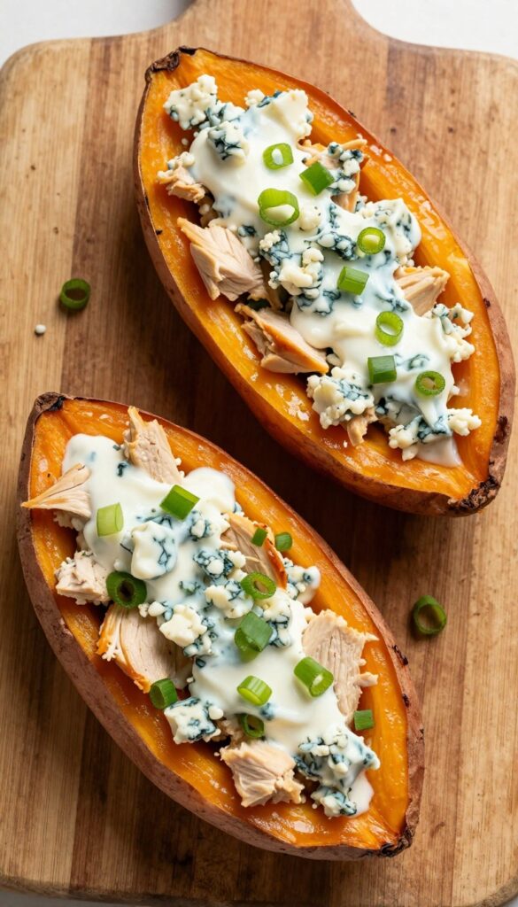 Stuffed sweet potatoes with buffalo chicken salad, blue cheese, and green onions on a wooden board.