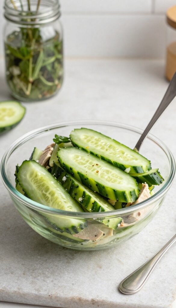 Cucumber chicken salad with spoon on a kitchen counter