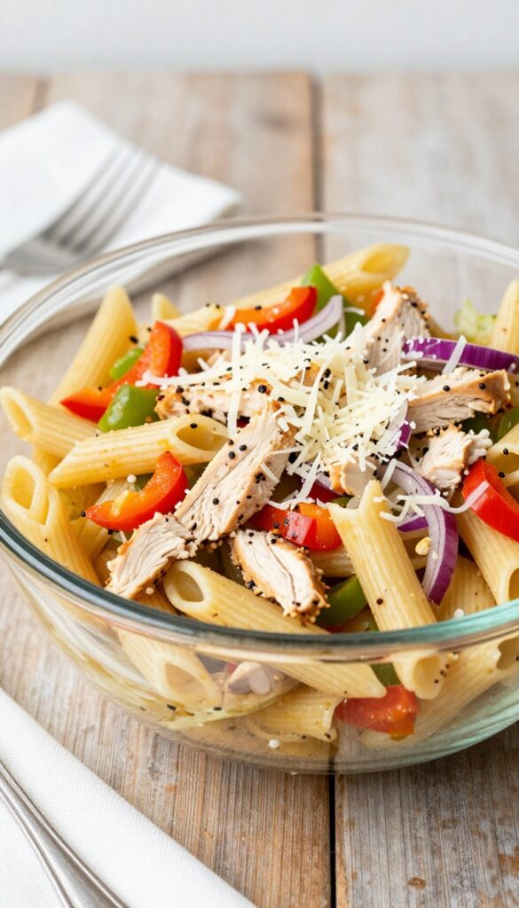 A bowl of chicken Italian pasta salad with penne pasta, chicken, bell peppers, red onion, and parmesan cheese in Italian dressing, presented in a clean, photorealistic style with natural lighting.