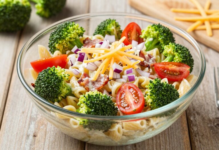 A bowl of broccoli pasta salad with pasta, broccoli, tomatoes, red onion, cheese, and bacon, ready for serving at a potluck.