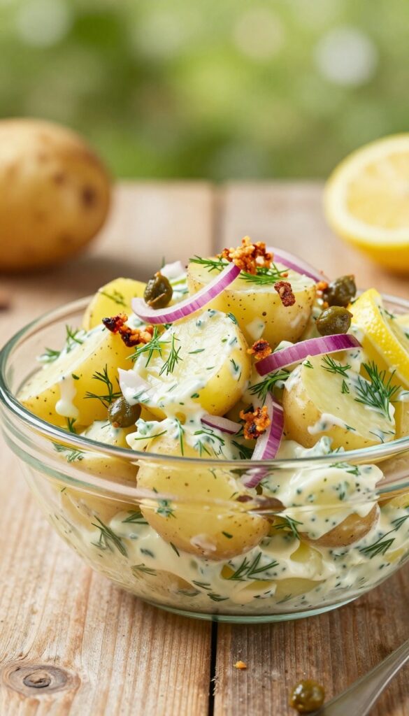 A close-up of Zesty Lemon-Dill Potato Salad with Crispy Capers, showcasing creamy potatoes with dill, lemon zest, capers, and red onion in a glass bowl on a wooden table, perfect for a summer cookout.