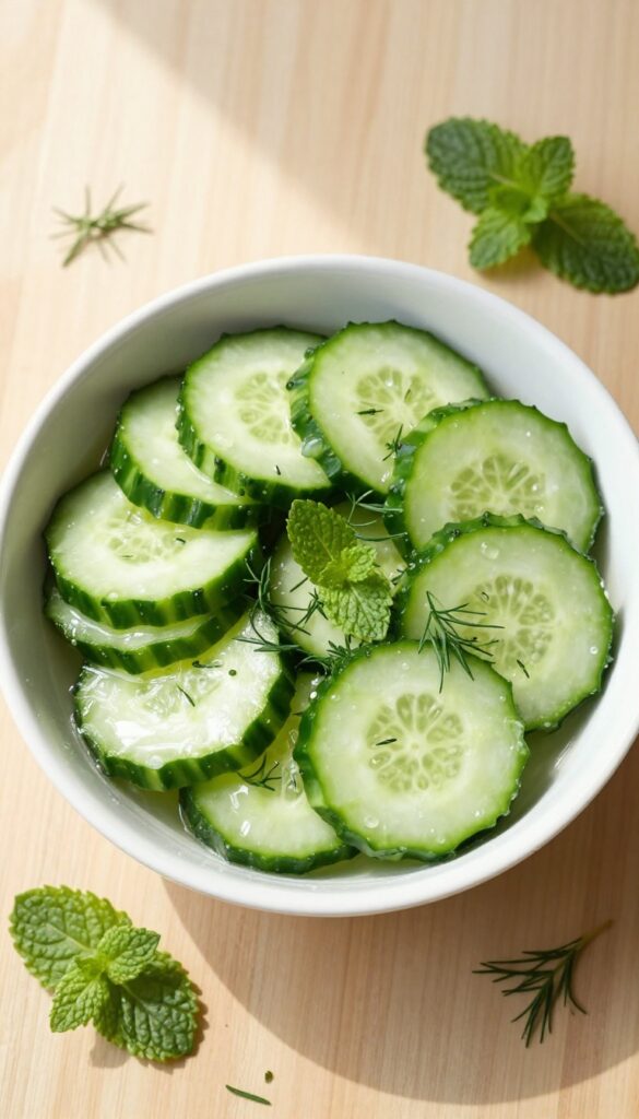 Minty dill cucumber salad with rice vinegar in a white bowl on a wooden table.