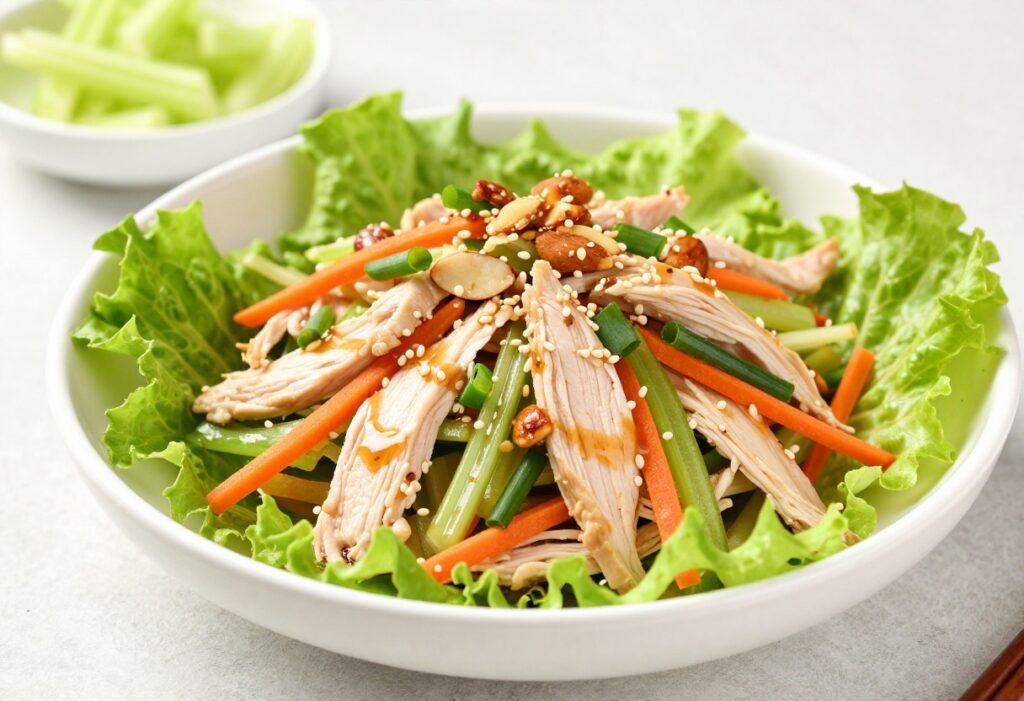 Asian chicken salad in a white bowl with crunchy celery and almonds