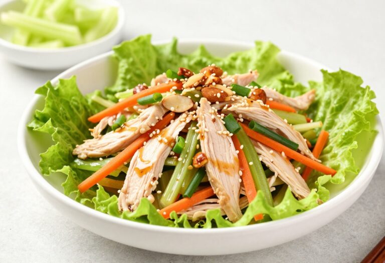 Asian chicken salad in a white bowl with crunchy celery and almonds