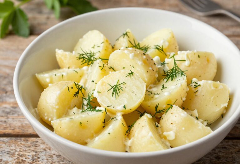 Creamy potato salad with eggs and fresh dill in a bowl, ready for a summer cookout