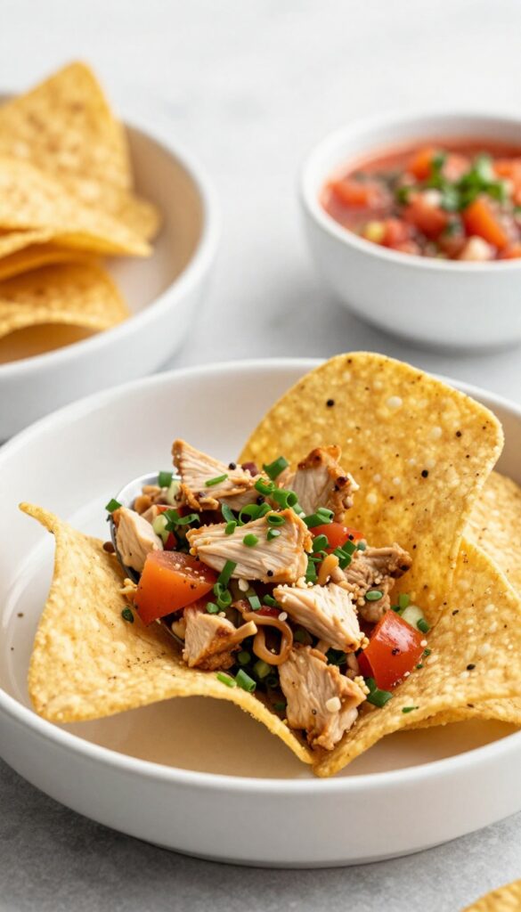 Mexican chicken salad on a tortilla chip with bowl in background