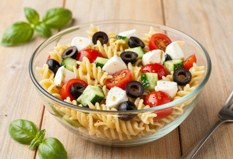 A vibrant cold pasta salad with rotini pasta, vegetables, and Italian dressing in a glass bowl, representing easy and tasty recipes.