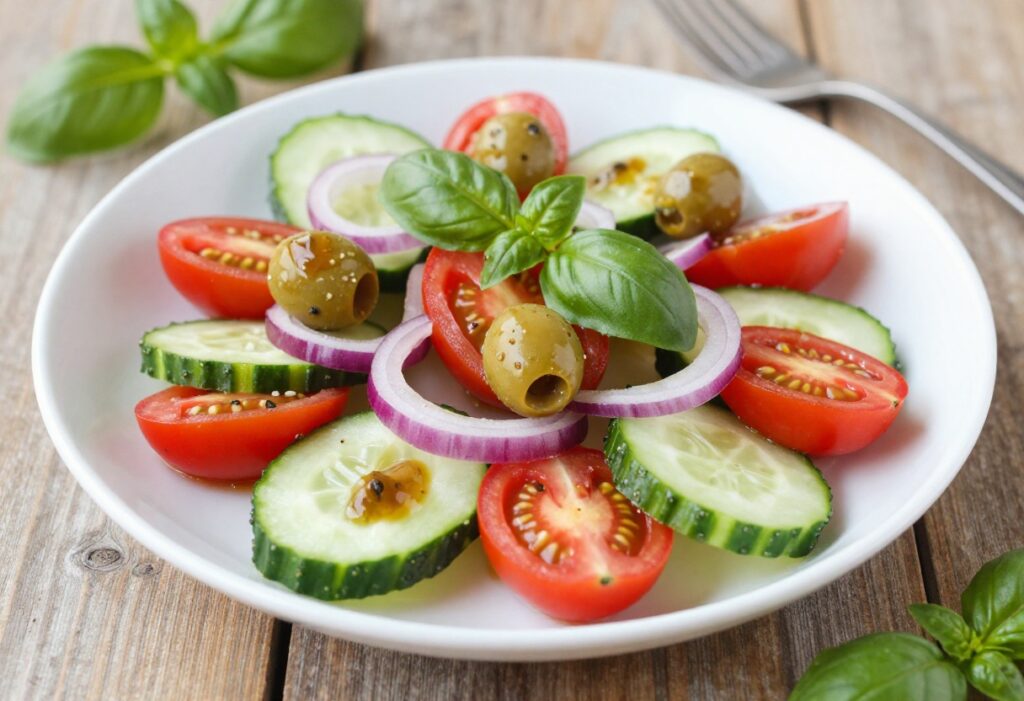 Cucumber tomato salad with Italian dressing in a white bowl on a wooden table