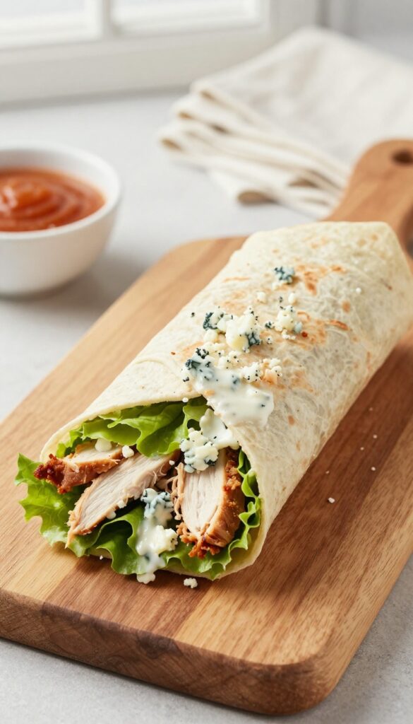 Classic buffalo chicken salad wrap sliced in half on a wooden board with lettuce and blue cheese visible.