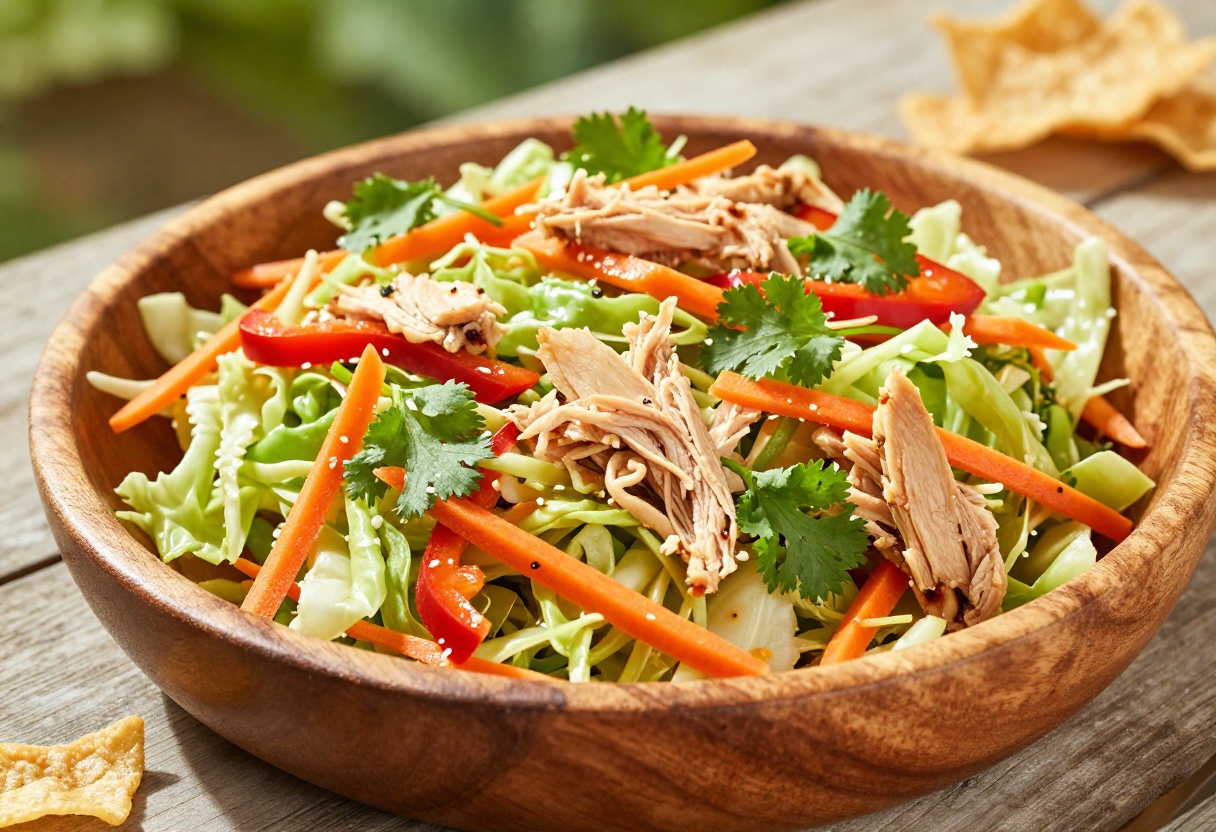 Chinese chicken salad in a wooden bowl on an outdoor picnic table with colorful vegetables and crispy toppings.