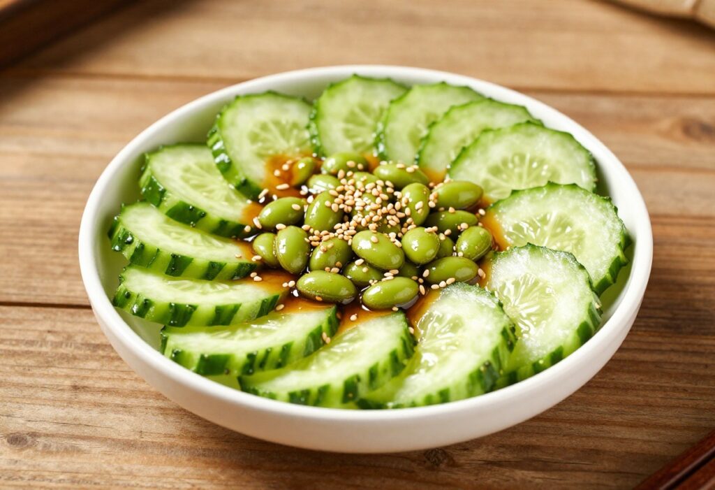 A colorful bowl of cucumber edamame salad with sesame dressing, showcasing fresh ingredients and a glossy finish.