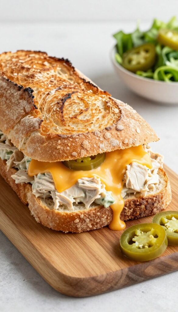 Warm buffalo chicken salad melt with melted cheddar and pickled jalapeños on sourdough bread