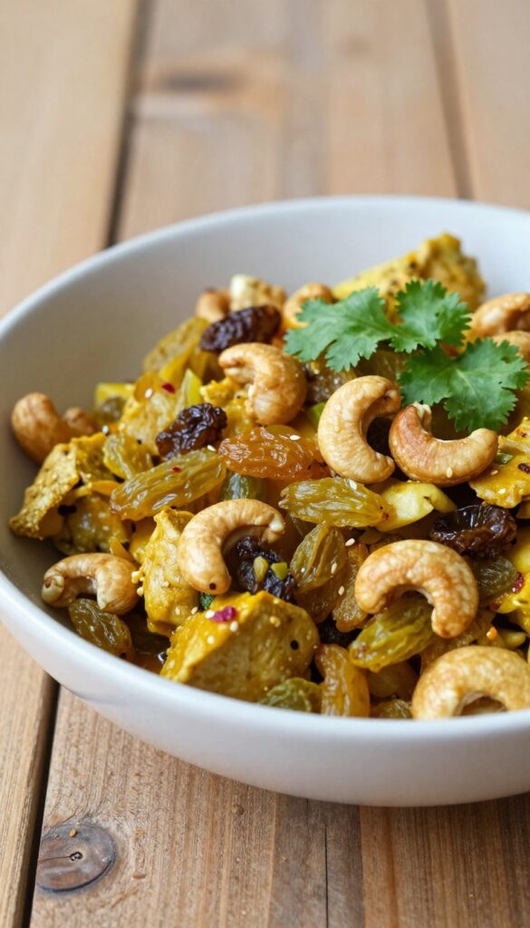 Bowl of curry chicken salad with cashews and raisins