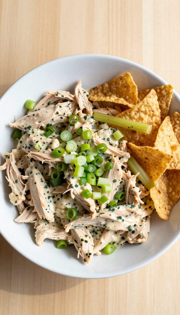 Buffalo Ranch Chicken Salad in a white bowl with celery sticks and tortilla chips on a wooden table