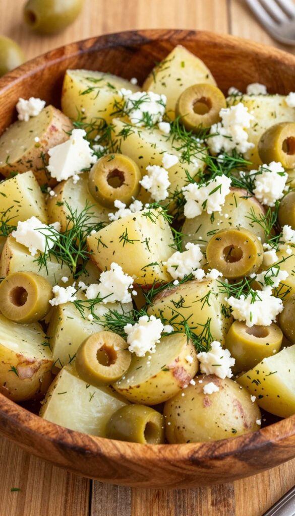 A vibrant Mediterranean dill potato salad with olives, feta cheese, and fresh dill, served in a rustic bowl under bright natural light, perfect for a weekend BBQ.