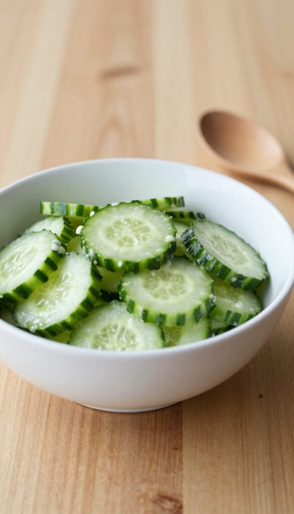 Cucumber salad with dill dressing on a wooden table
