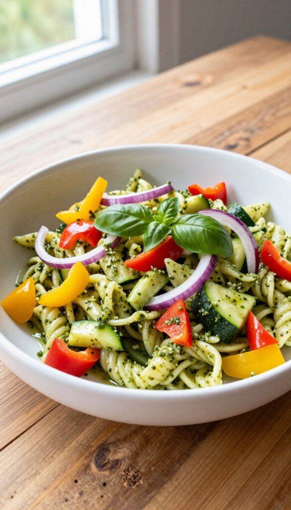 A colorful and fresh veggie-loaded pesto pasta salad with zucchini, bell peppers, and red onion in a white bowl on a wooden table, perfect for a light and flavorful meal.