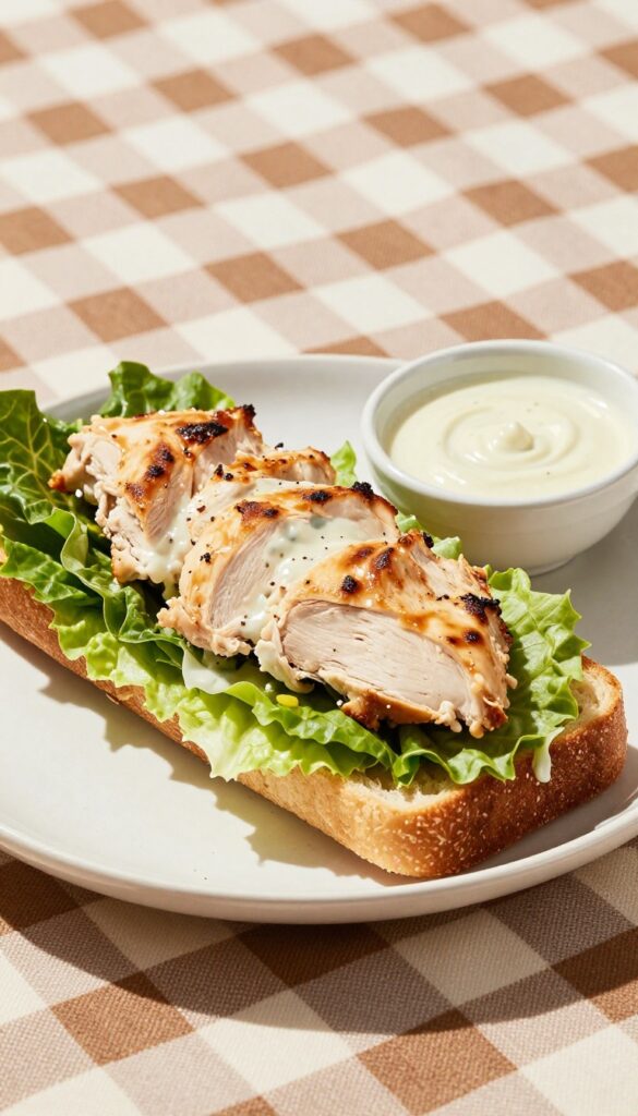 Whole Chicken Caesar Salad Sandwich on a picnic blanket with dressing