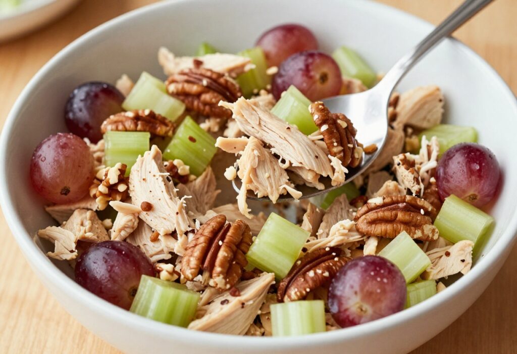 Overhead view of Arby's copycat chicken salad in a bowl with a spoon