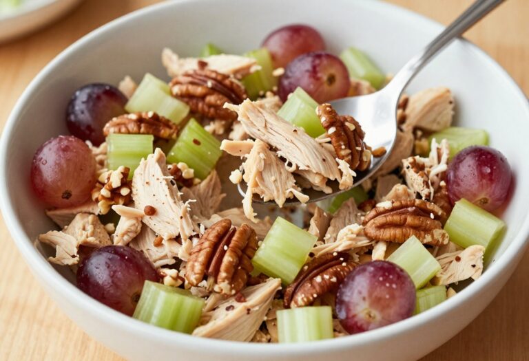 Overhead view of Arby's copycat chicken salad in a bowl with a spoon