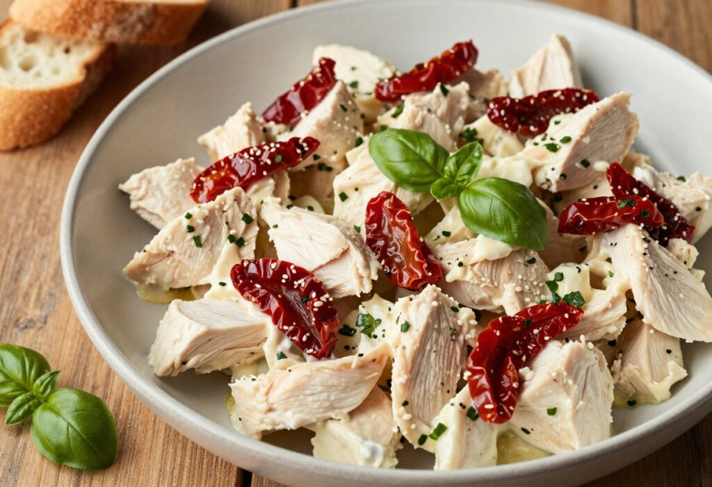 Creamy Marry Me Chicken Salad with sun-dried tomatoes and basil in a bowl on a wooden table.