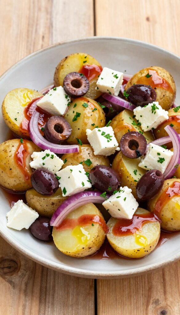 Mediterranean potato salad with olives and feta in a bowl, showcasing creamy feta cheese, briny olives, and fresh parsley under natural light.