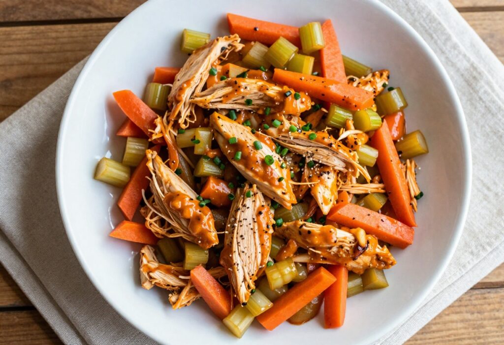 Buffalo chicken salad in a white bowl with celery, carrots, and chives garnish
