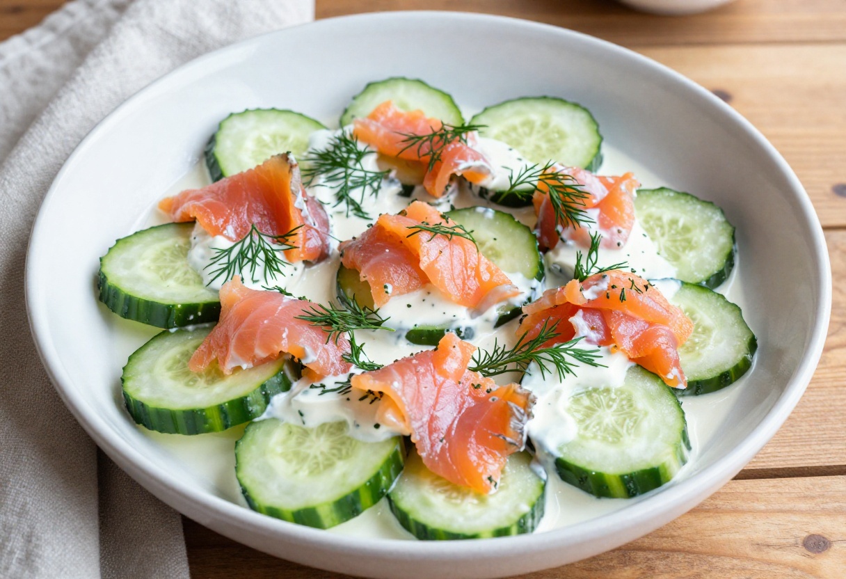 Logan cucumber salad with smoked salmon and cream cheese in a white bowl, ready to serve.