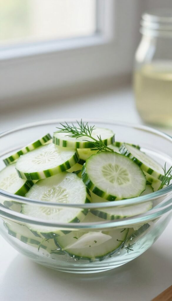 Close-up of cucumber radish salad with dill in a glass bowl