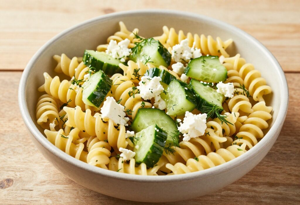Overhead view of Light Cucumber Pasta Salad with Feta and Dill in a ceramic bowl