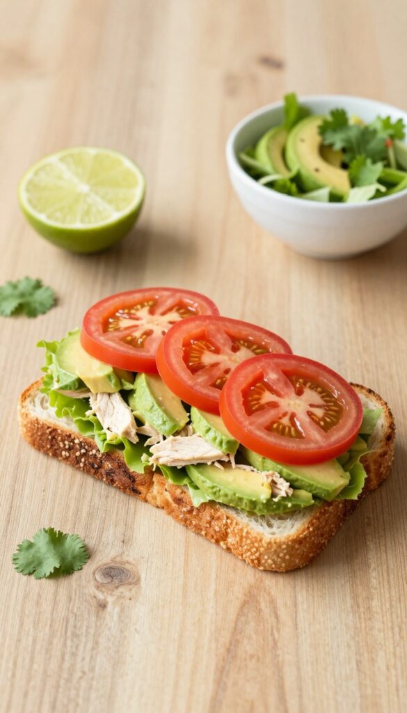 Avocado chicken salad sandwich with lime and cilantro on toasted sourdough bread