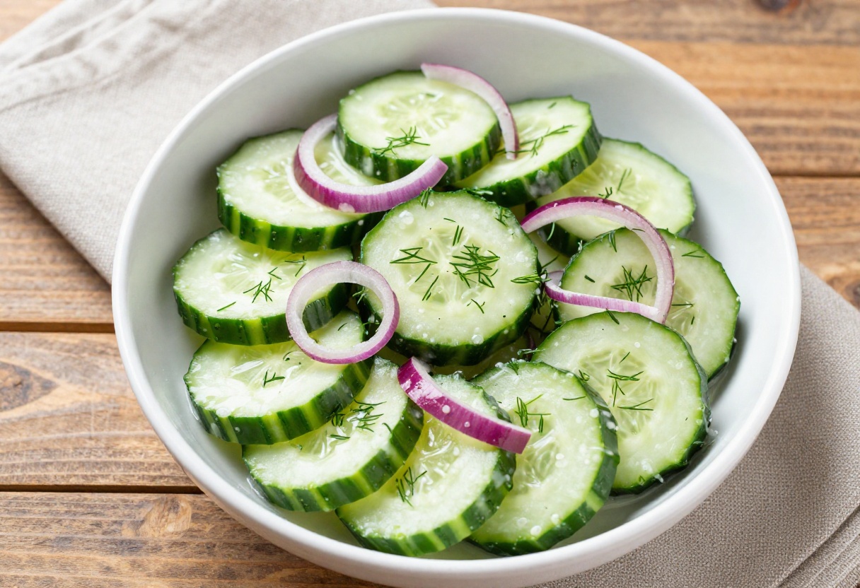 Creamy cucumber salad with fresh dill in a white bowl