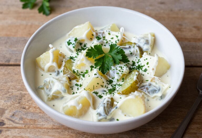 Classic potato salad with tangy dressing in a ceramic bowl, garnished with parsley.