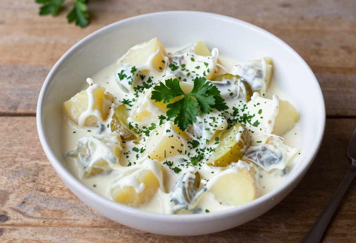 Classic potato salad with tangy dressing in a ceramic bowl, garnished with parsley.