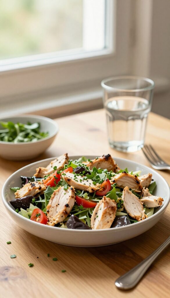 Greek chicken salad on a wooden table with fork and water glass