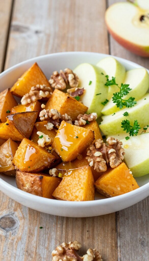 A bowl of roasted sweet potato salad with diced apple and walnuts in a maple-mustard vinaigrette, garnished with fresh herbs, photographed in bright natural light on a rustic table.