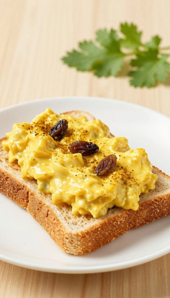 A close-up view of a curry egg salad sandwich, showcasing its creamy filling with curry powder and raisins, served on toasted bread in bright natural light.