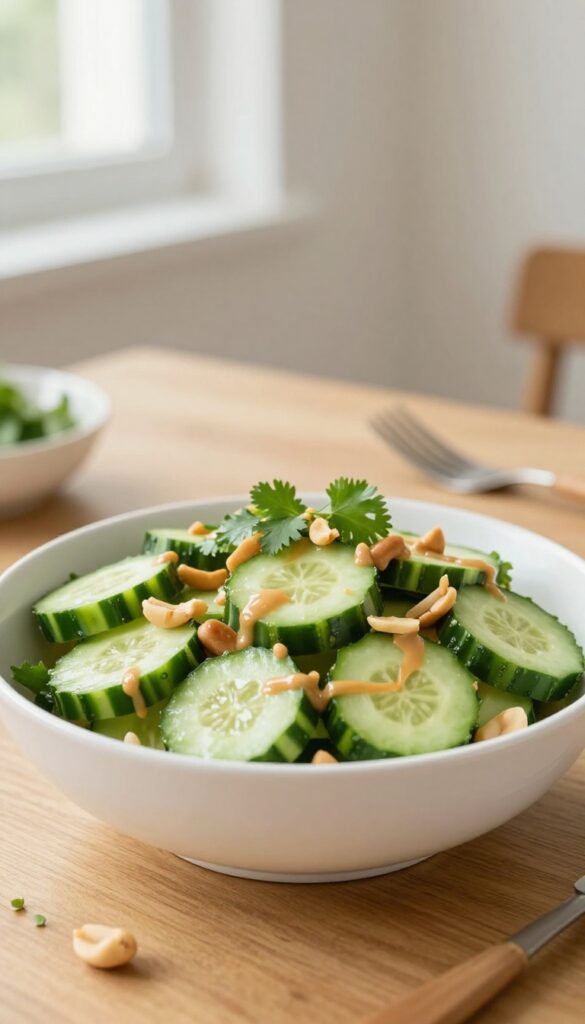 Peanut Butter Cucumber Salad in bowl on wooden table with fork