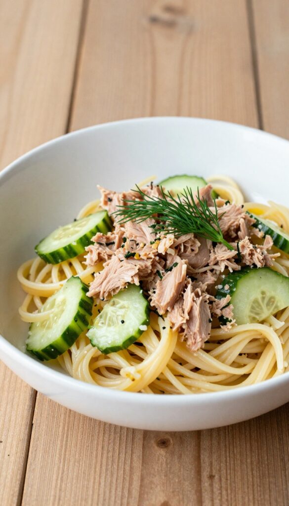 A close-up view of a refreshing lemon dill tuna pasta salad with visible herbs and ingredients, set in natural light for a blog post